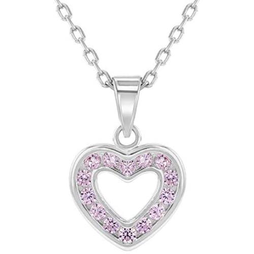 925 Sterling Silver CZ Small Open Heart Pendant Necklace for Girls 16''