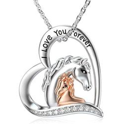 LONAGO 925 Sterling Silver Lucky Double Horse Necklace I Love You Forever Love Heart Pendant Jewelry Gift for Women Mom