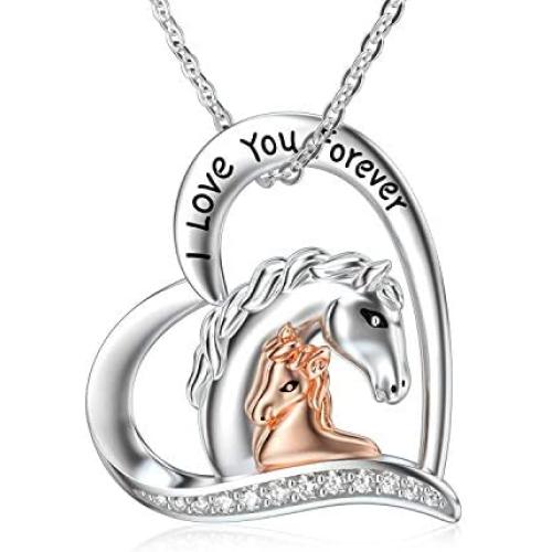 LONAGO 925 Sterling Silver Lucky Double Horse Necklace I Love You Forever Love Heart Pendant Jewelry Gift for Women Mom