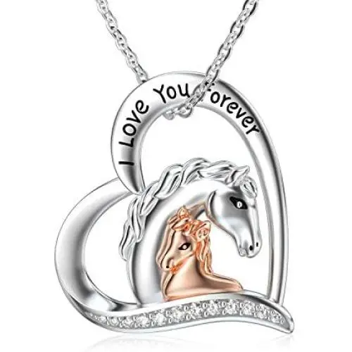 LONAGO 925 Sterling Silver Lucky Double Horse Necklace I Love You Forever Love Heart Pendant Jewelry Gift for Women Mom LONAGO 925 Sterling Silver Lucky Double Horse Necklace I Love You Forever Love Heart Pendant Jewelry Gift for Women Mom