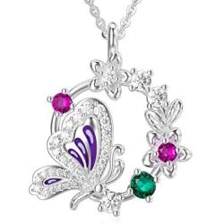 RMREWY 925 Sterling Silver Butterfly Necklace Colorful Cubic Zircon Butterfly Flower Pendant Necklace Jewelry Gift for Girlfriends or Women