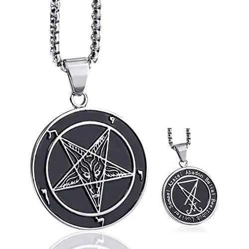 Elfasio Inverted Pentagram Baphomet Goat Necklace for Men Sigil of Lucifer Satan Satanic Samael Lilith Symbol Both Sided Stainless Steel Pendant Chain, Black Red Elfasio Inverted Pentagram Baphomet Goat Necklace for Men Sigil of Lucifer Satan Satanic Samael Lilith Symbol Both Sided Stainless Steel Pendant Chain, Black Red