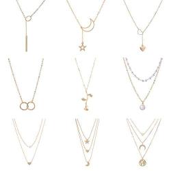GYSONG Layered Necklaces for Women Long Necklaces Love Heart Moon Star Rose Pearl Layered Y Pendant Necklace Multilayer Simple Gold Choker Clavicle Chain Girls Jewelry Valentines Gift 9 Pieces