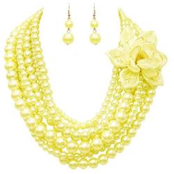 Rosemarie & Jubalee Womens Multi Strand Simulated Pearl With Flower Detail Necklace and Earrings Bridal Jewelry Set, 18''-23'' with 5'' Extension