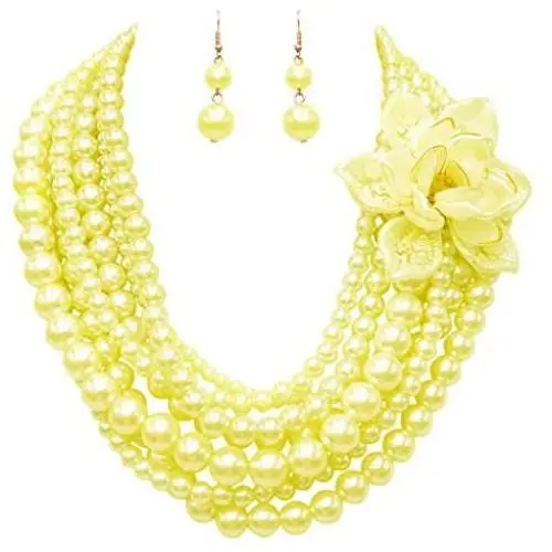 Rosemarie & Jubalee Womens Multi Strand Simulated Pearl With Flower Detail Necklace and Earrings Bridal Jewelry Set, 18''-23'' with 5'' Extension Rosemarie & Jubalee Womens Multi Strand Simulated Pearl With Flower Detail Necklace and Earrings Bridal Jewelry Set, 18''-23'' with 5'' Extension