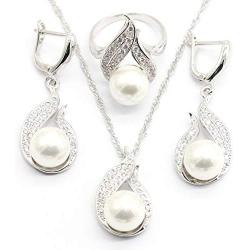 Aixili White Freshwater Pearl Jewelry Set for Women Silver White Gold Plated Necklace Pendant Drop Earring Rings Wedding Bridal Jewelry