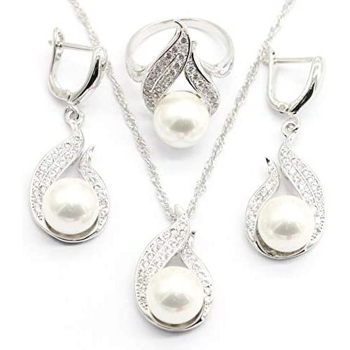 Aixili White Freshwater Pearl Jewelry Set for Women Silver White Gold Plated Necklace Pendant Drop Earring Rings Wedding Bridal Jewelry