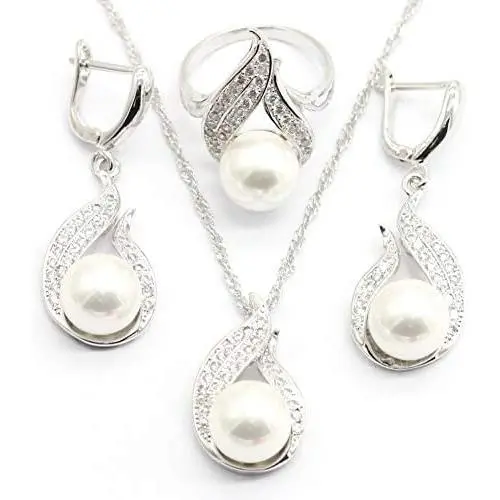 Aixili White Freshwater Pearl Jewelry Set for Women Silver White Gold Plated Necklace Pendant Drop Earring Rings Wedding Bridal Jewelry Aixili White Freshwater Pearl Jewelry Set for Women Silver White Gold Plated Necklace Pendant Drop Earring Rings Wedding Bridal Jewelry