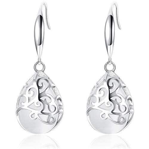 Sllaiss 925 Sterling Silver Filigree Drop Earrings for Women White Gold Plated Moonlight Teardrop Dangle Earrings Hypoallergenic Jewelry Gift