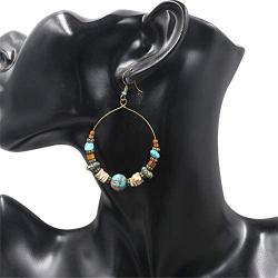 Wood Beaded Hoop Dangle Earrings Hook Bohemian Colorful Turquoise Shell Wooden Balls Hollow Circle Earrings Drop for Women Girls Mother (01)