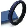 Mens Leather Bracelet Blue and Black Leather Braided Bracelet with Black Stainless Steel Magnetic Buckle