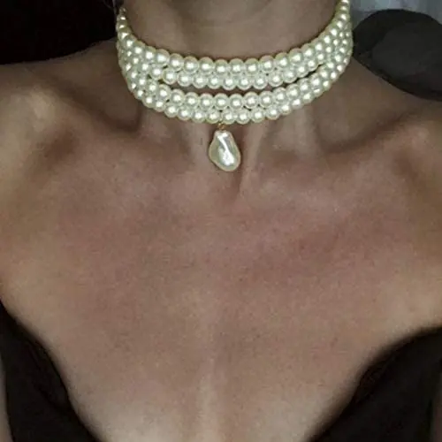 ELABEST Layered Faux Pearl Necklace Beaded Link Choker Chain Party Nightclub Costume Jewelry for Women and Girls ELABEST Layered Faux Pearl Necklace Beaded Link Choker Chain Party Nightclub Costume Jewelry for Women and Girls