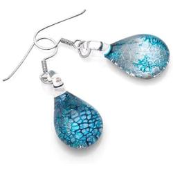 925 Sterling Silver Hand Blown Venetian Murano Glass Blue Silver Water Drop Shaped Dangle Earrings