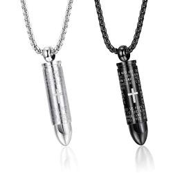 sailimue 2Pcs Bullet Pendant Urn Ashes Necklace Bible Verse English Lords Prayer Cross Necklace for Men Christian Jewelry