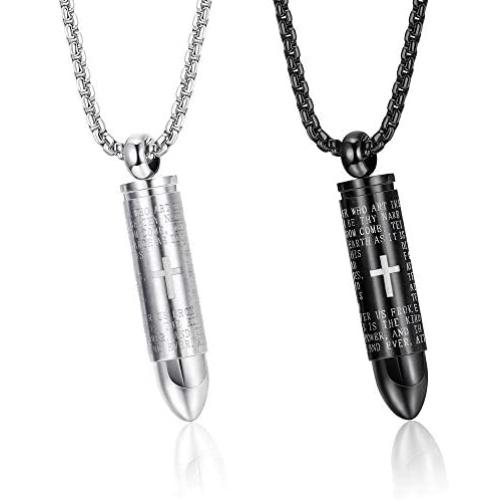sailimue 2Pcs Bullet Pendant Urn Ashes Necklace Bible Verse English Lords Prayer Cross Necklace for Men Christian Jewelry