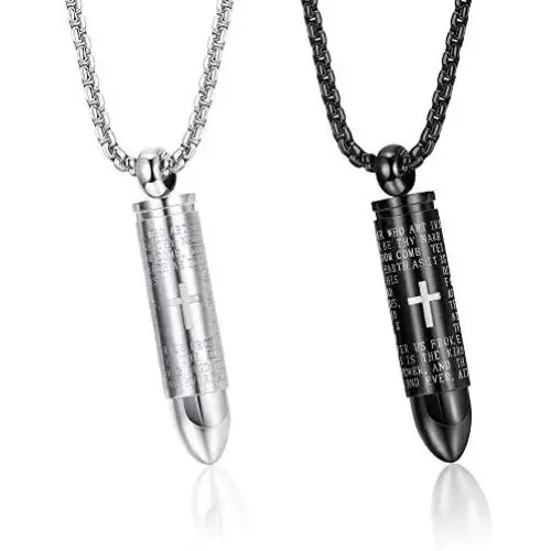 sailimue 2Pcs Bullet Pendant Urn Ashes Necklace Bible Verse English Lords Prayer Cross Necklace for Men Christian Jewelry