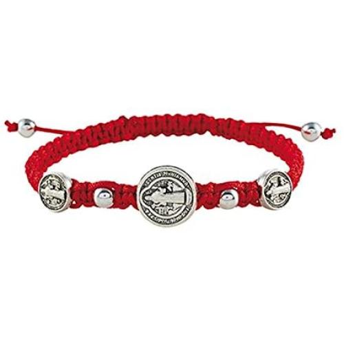 CB Silver Tone Saint Benedict Trinity Medals on Cord Bracelet, 8 Inch