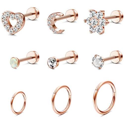Jstyle 9Pcs Stainless Steel Helix Cartilage Tragus Stud Earring Hoops for Women Grils CZ Barbell Piercing Earrings Stud Piercing Jewelry