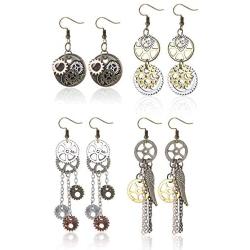 Hanpabum 4pairs Steampunk Drop Dangle Earrings For Women Men Vintage Punk Clockwork Hook Earrings Halloween Jewelry