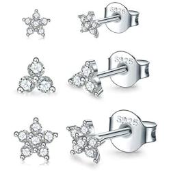 Sterling Silver Stud Earrings for Women Men, 3 Pairs Flower Cubic Zirconia Stud Earrings Set | Small Cartilage CZ Hypoallergenic Tragus Piercing Earrings for Girls Teens 3mm 4mm 5mm