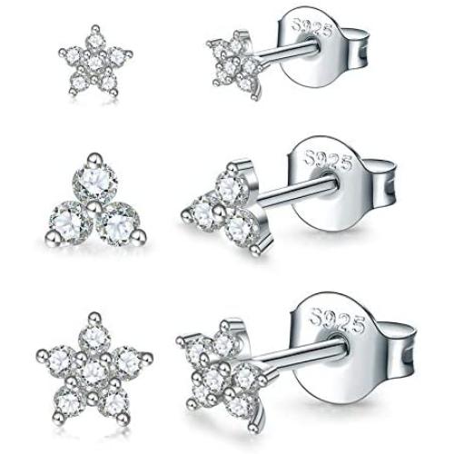 Sterling Silver Stud Earrings for Women Men, 3 Pairs Flower Cubic Zirconia Stud Earrings Set | Small Cartilage CZ Hypoallergenic Tragus Piercing Earrings for Girls Teens 3mm 4mm 5mm