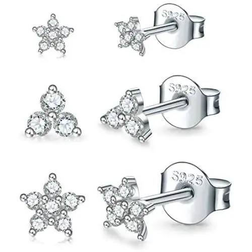 Sterling Silver Stud Earrings for Women Men, 3 Pairs Flower Cubic Zirconia Stud Earrings Set | Small Cartilage CZ Hypoallergenic Tragus Piercing Earrings for Girls Teens 3mm 4mm 5mm