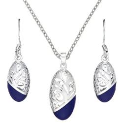 Silverly Womens .925 Sterling Silver Blue Filigree Oval Swirl Earrings Necklace Jewellery Set, 18''