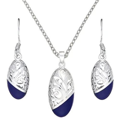 Silverly Womens .925 Sterling Silver Blue Filigree Oval Swirl Earrings Necklace Jewellery Set, 18''