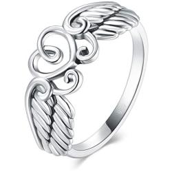 BORUO 925 Sterling Silver Ring High Polish Heart Angle Wings Ring 4-12