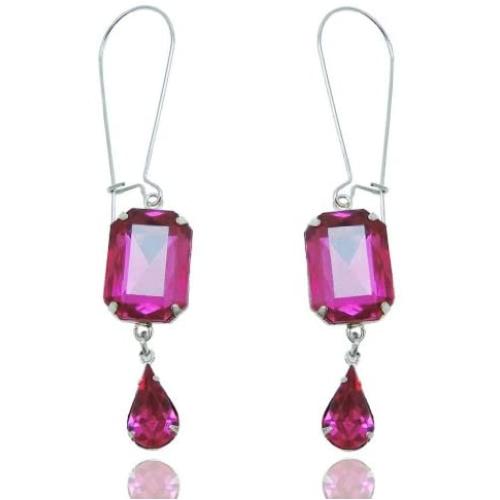 EVER FAITH Oblong Teardrop Dangle Earrings Austrian Crystal Silver-Tone - Fuchsia
