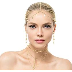 Yaomiao 4 Pieces Gold Sequin Boho Jewelry Set, Small Coins Hair Chain, Layered Sequins Necklace, Sequin Coin Drop Earrings and Crystal Finger Ring Bracelet for Women