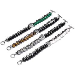 Natural Tiger Eyes Map Stone Beaded Bracelet Stainless Steel Rolo Cable Link Chain Retro Matte Healing Prayer Beads Strand Bracelet for Men Boys Male Handmade Casual Jewelry