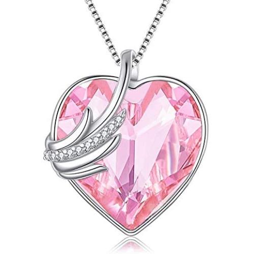 Hantaostyle Angel Wings Love Heart Crystal Necklaces 18k White Gold Plated Pendant Birthstone Necklace，Heart of The Ocean Necklace Jewelry Gifts for Womens