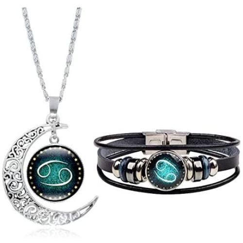 Dcfywl731 Fashion 12 Twelve Constellations Hand Woven Leather Bracelet and Moon Pendant Necklace Zodiac Sign Jewelry Set