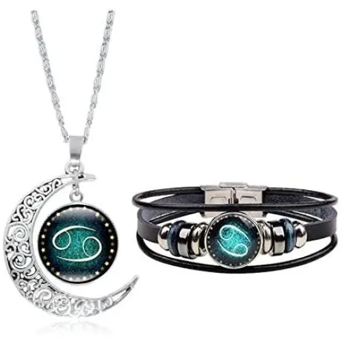 Dcfywl731 Fashion 12 Twelve Constellations Hand Woven Leather Bracelet and Moon Pendant Necklace Zodiac Sign Jewelry Set