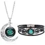 Dcfywl731 Fashion 12 Twelve Constellations Hand Woven Leather Bracelet and Moon Pendant Necklace Zodiac Sign Jewelry Set