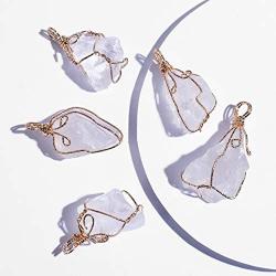 JUNHAN Natural Rock Quartz Pendant Necklace for Women Tumbled Raw Irregular Crystal Wrapped Gold Wire Chakra Gemstone Jewelry with 2 Different Chains