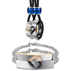 LOYALLOOK Couple Necklace Bracelet Set for Him and Her Bracelet Women Men Stainless SteeI Love CZ Ring Pendant Bracelet Couple Jewelry for Lover