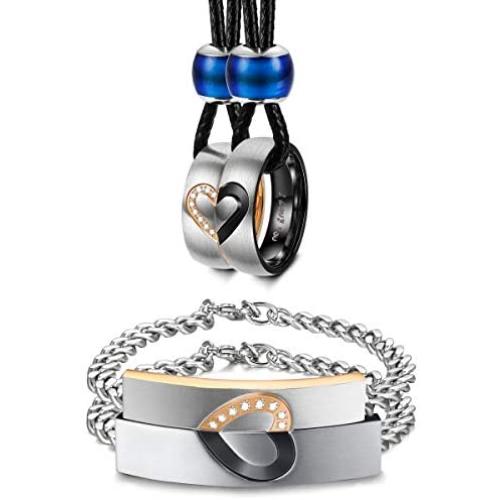 LOYALLOOK Couple Necklace Bracelet Set for Him and Her Bracelet Women Men Stainless SteeI Love CZ Ring Pendant Bracelet Couple Jewelry for Lover