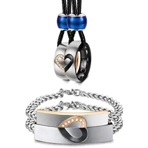 LOYALLOOK Couple Necklace Bracelet Set for Him and Her Bracelet Women Men Stainless SteeI Love CZ Ring Pendant Bracelet Couple Jewelry for Lover