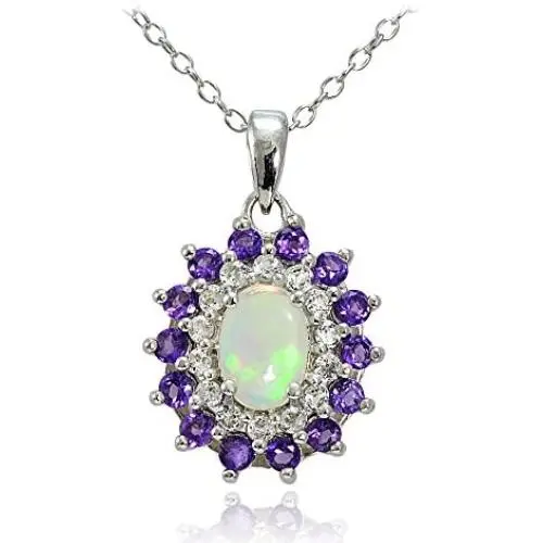 GemStar USA Sterling Silver Ethiopian Opal, African Amethyst & White Topaz Oval Flower Necklace GemStar USA Sterling Silver Ethiopian Opal, African Amethyst & White Topaz Oval Flower Necklace