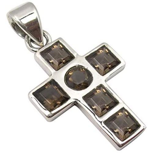 SilverStarJewel Smoky Quartz tcw 2.9 Cross Necklace Pendant 1.2'' Sterling Silver