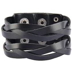 Jeilwiy Punk Leather Wristbands for Men Bracelets Handmade Wide Cuff Bangle Braided Jewelry Black Brown Adjustable - Teen Girls Boys Punk Fathers Gifts