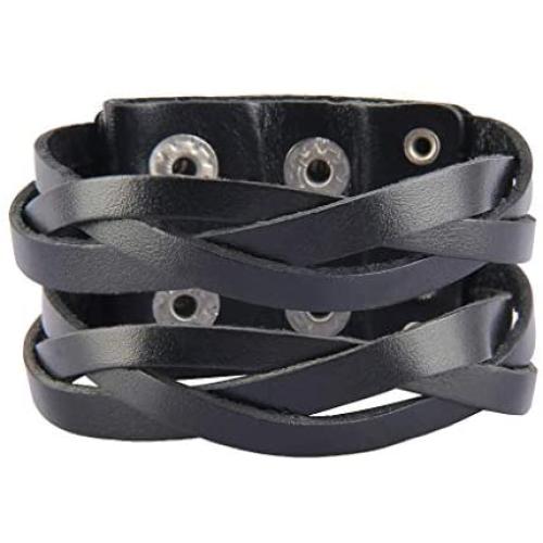 Jeilwiy Punk Leather Wristbands for Men Bracelets Handmade Wide Cuff Bangle Braided Jewelry Black Brown Adjustable - Teen Girls Boys Punk Fathers Gifts