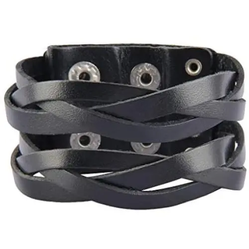 Jeilwiy Punk Leather Wristbands for Men Bracelets Handmade Wide Cuff Bangle Braided Jewelry Black Brown Adjustable - Teen Girls Boys Punk Fathers Gifts