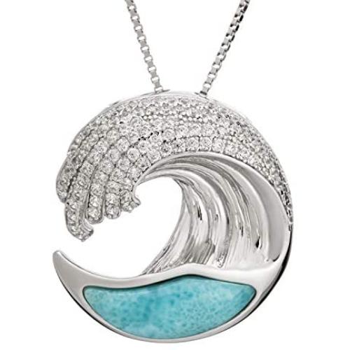 Sterling Silver Pave CZ & Larimar Wave Necklace Pendant with 18'' Box Chain