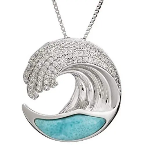 Sterling Silver Pave CZ & Larimar Wave Necklace Pendant with 18'' Box Chain Sterling Silver Pave CZ & Larimar Wave Necklace Pendant with 18'' Box Chain