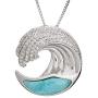 Sterling Silver Pave CZ & Larimar Wave Necklace Pendant with 18'' Box Chain