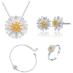 ONEYIM 5Pcs Women Fashion Jewelry Set Silver Small Daisy Flower Necklace Earring Ring Bangle Set Jewelry Sets