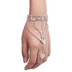 yueton 1Pieces Fashion Women Girl Glitter Heart Rhinestone Hand Harness Bracelet Bangle Slave Chain Link Finger Ring Bracelet